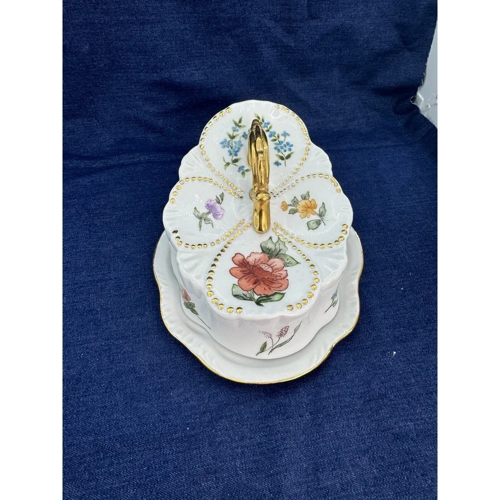 VTG Rare Covered Dish‎ & Knife Set Hand Painted Floral Signed Porcelain Ornate